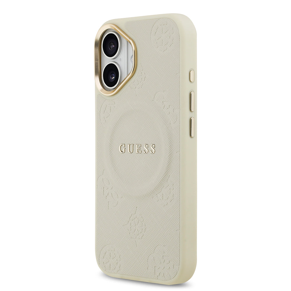Apple iPhone 17 Kılıf Guess M-safe Özellikli Yazı Logolu PU Deri Peony Kapak Bej