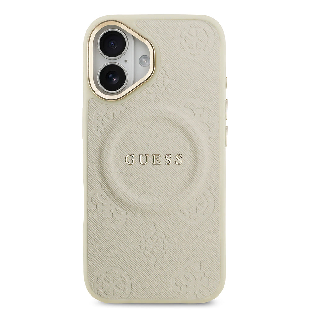 Apple iPhone 17 Kılıf Guess M-safe Özellikli Yazı Logolu PU Deri Peony Kapak Bej