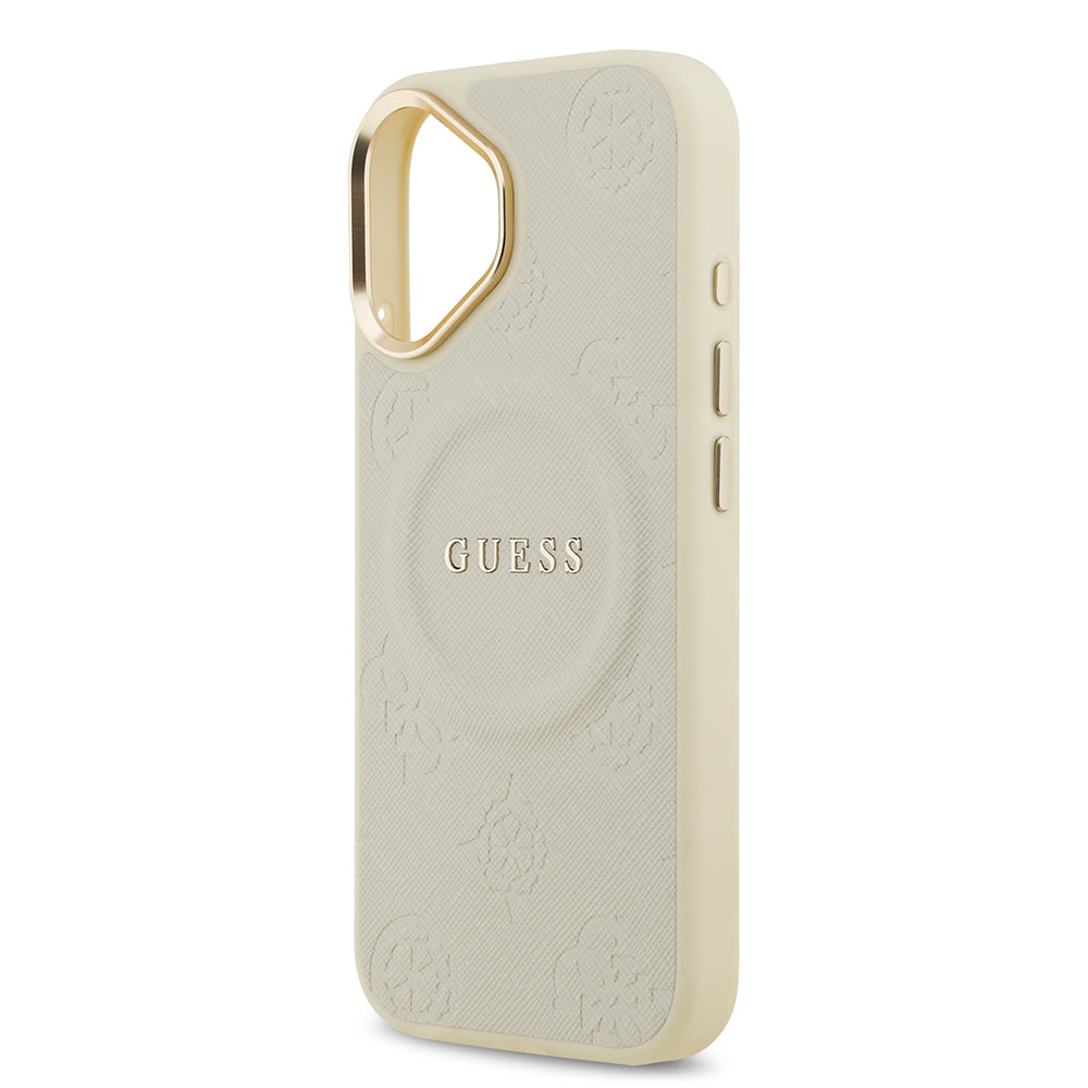 Apple iPhone 17 Kılıf Guess M-safe Özellikli Yazı Logolu PU Deri Peony Kapak Bej