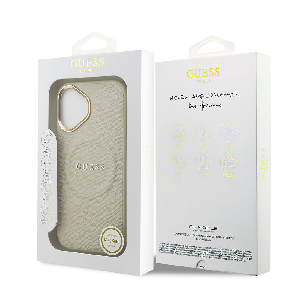 Apple iPhone 17 Kılıf Guess M-safe Özellikli Yazı Logolu PU Deri Peony Kapak Bej