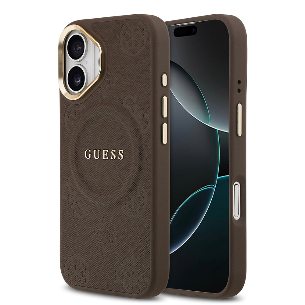 Apple iPhone 17 Kılıf Guess M-safe Özellikli Yazı Logolu PU Deri Peony Kapak Kahverengi