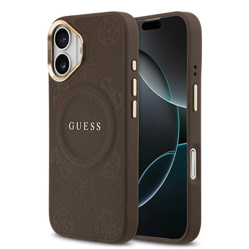Apple iPhone 17 Kılıf Guess M-safe Özellikli Yazı Logolu PU Deri Peony Kapak Kahverengi