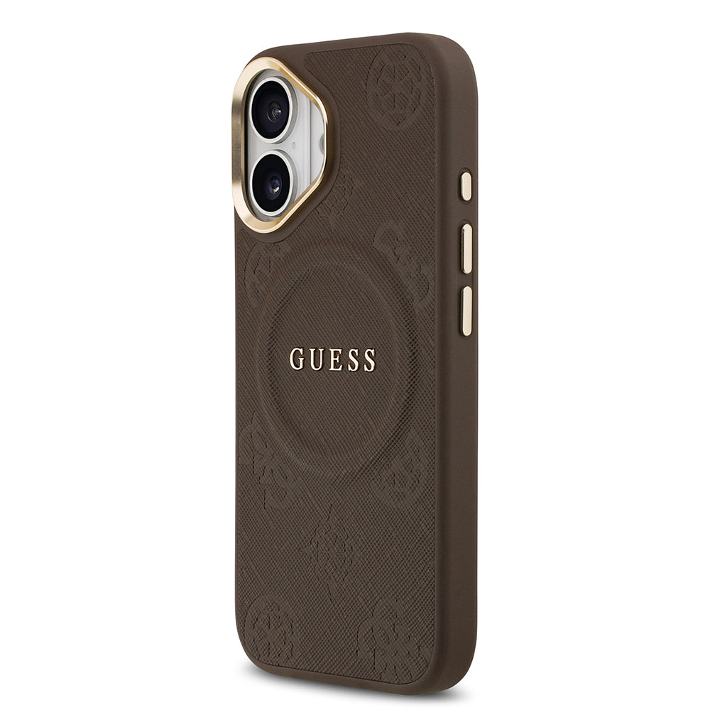 Apple iPhone 17 Kılıf Guess M-safe Özellikli Yazı Logolu PU Deri Peony Kapak Kahverengi
