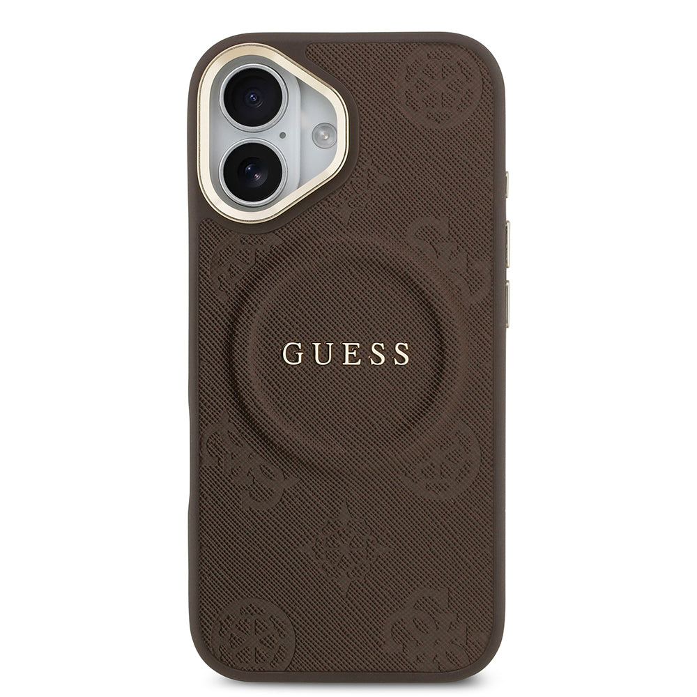 Apple iPhone 17 Kılıf Guess M-safe Özellikli Yazı Logolu PU Deri Peony Kapak Kahverengi