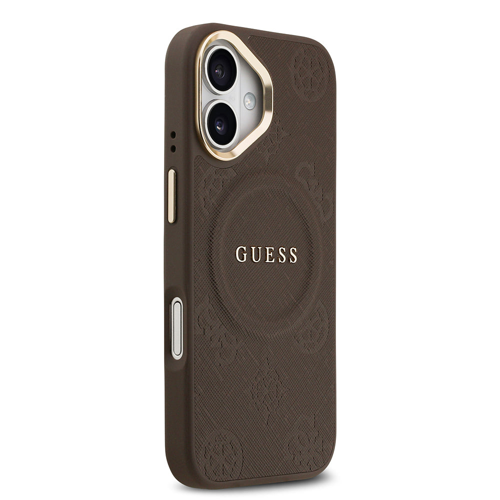 Apple iPhone 17 Kılıf Guess M-safe Özellikli Yazı Logolu PU Deri Peony Kapak Kahverengi