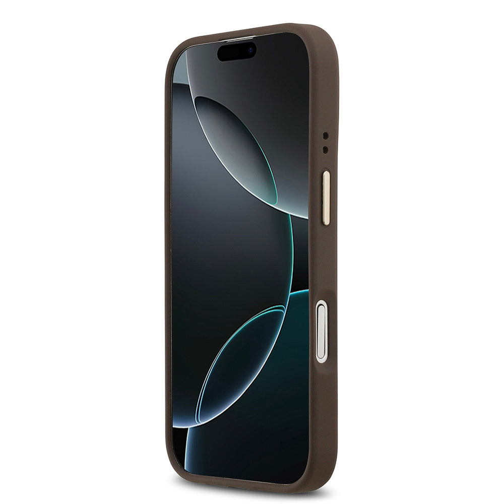 Apple iPhone 17 Kılıf Guess M-safe Özellikli Yazı Logolu PU Deri Peony Kapak Kahverengi