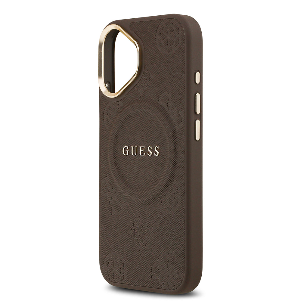 Apple iPhone 17 Kılıf Guess M-safe Özellikli Yazı Logolu PU Deri Peony Kapak Kahverengi