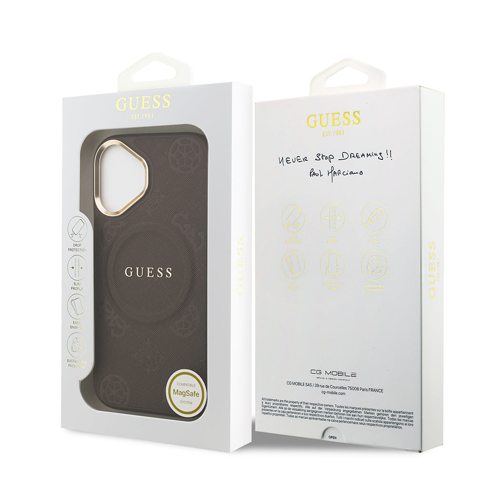 Apple iPhone 17 Kılıf Guess M-safe Özellikli Yazı Logolu PU Deri Peony Kapak Kahverengi