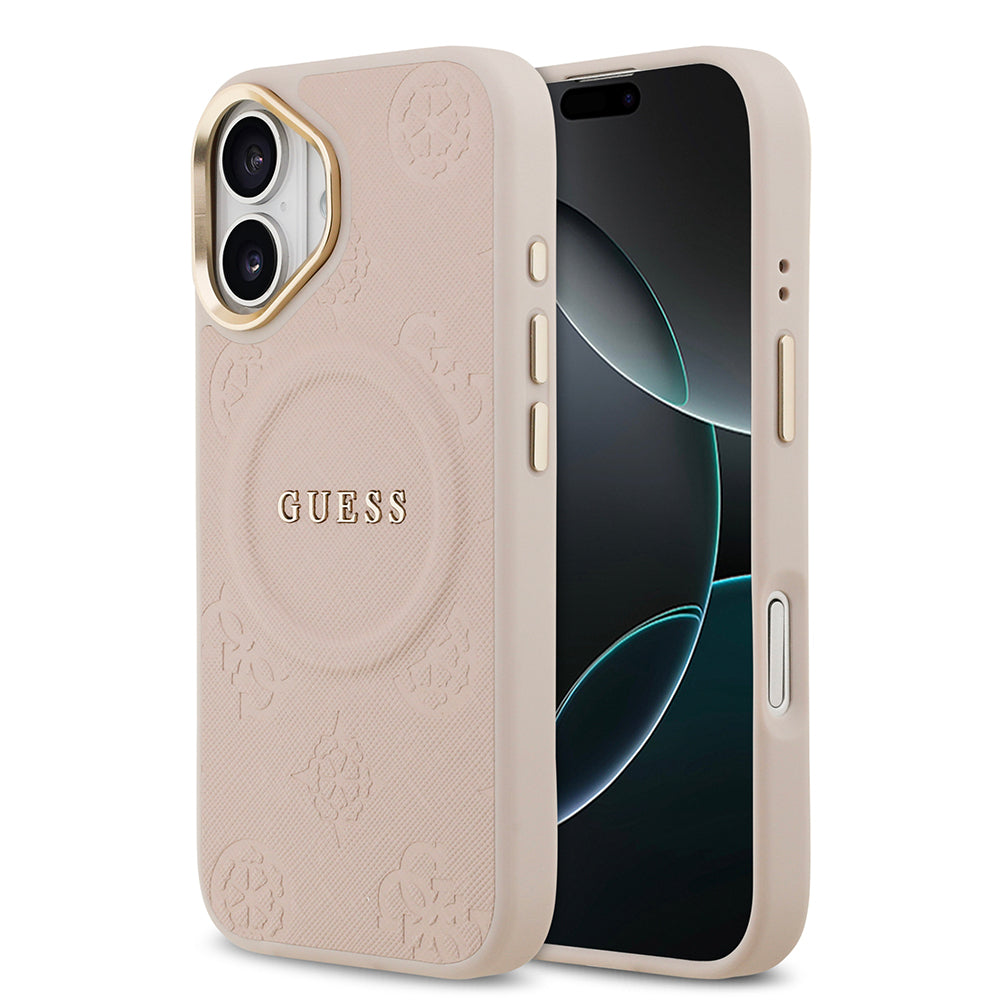 Apple iPhone 17 Kılıf Guess M-safe Özellikli Yazı Logolu PU Deri Peony Kapak Pembe