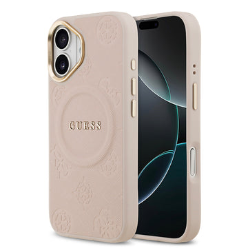 Apple iPhone 17 Kılıf Guess M-safe Özellikli Yazı Logolu PU Deri Peony Kapak Pembe