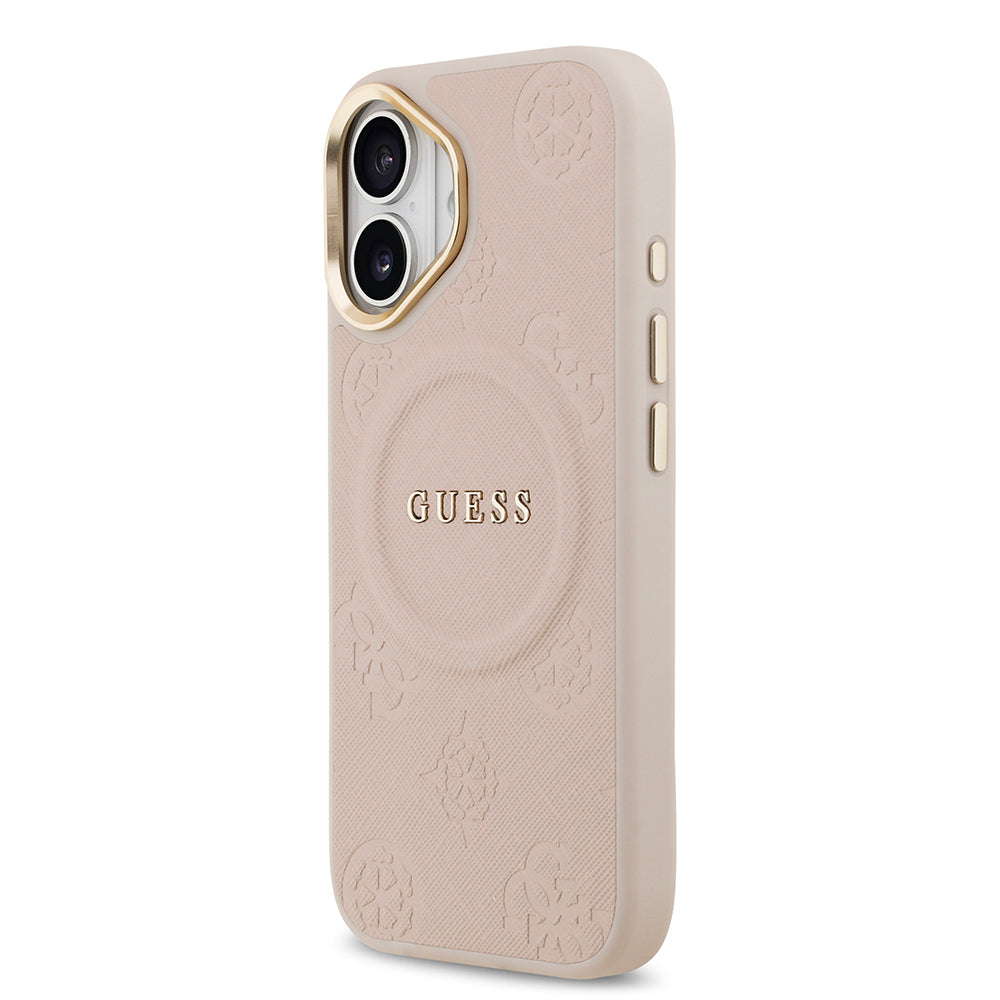 Apple iPhone 17 Kılıf Guess M-safe Özellikli Yazı Logolu PU Deri Peony Kapak Pembe