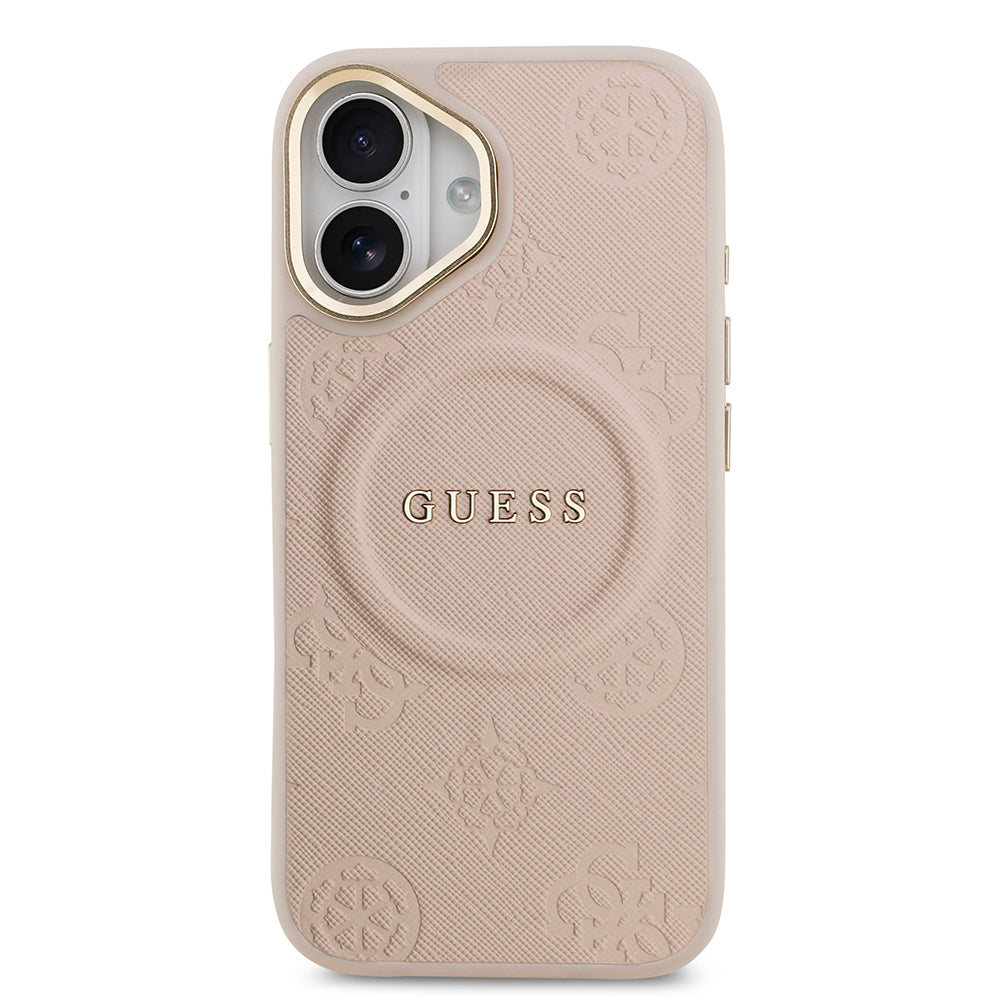 Apple iPhone 17 Kılıf Guess M-safe Özellikli Yazı Logolu PU Deri Peony Kapak Pembe