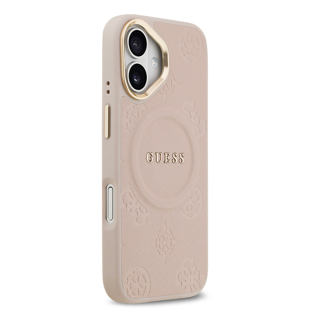 Apple iPhone 17 Kılıf Guess M-safe Özellikli Yazı Logolu PU Deri Peony Kapak Pembe