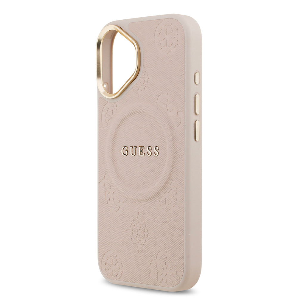 Apple iPhone 17 Kılıf Guess M-safe Özellikli Yazı Logolu PU Deri Peony Kapak Pembe