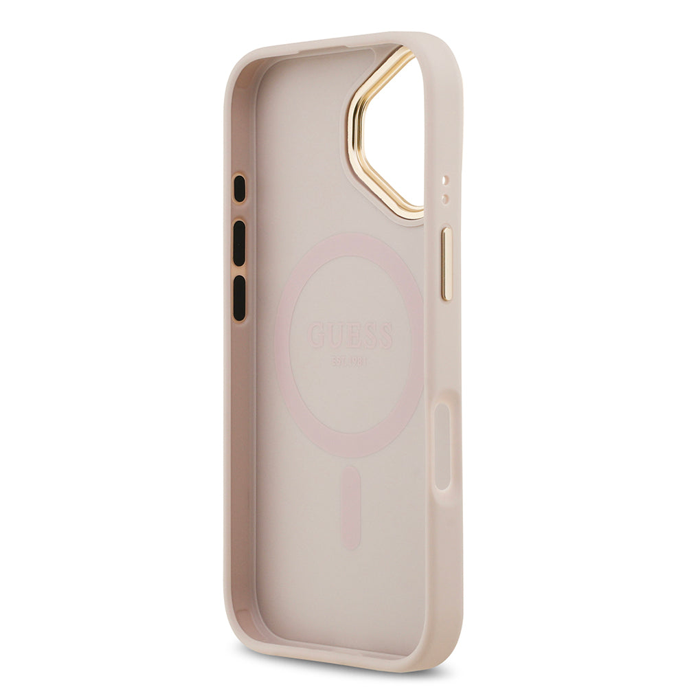 Apple iPhone 17 Kılıf Guess M-safe Özellikli Yazı Logolu PU Deri Peony Kapak Pembe