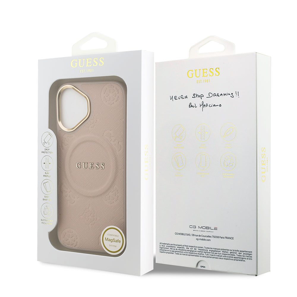 Apple iPhone 17 Kılıf Guess M-safe Özellikli Yazı Logolu PU Deri Peony Kapak Pembe
