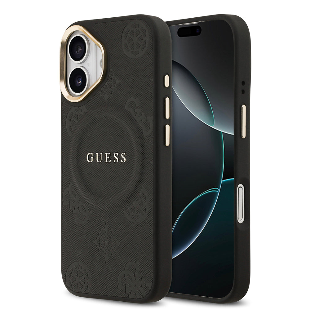 Apple iPhone 17 Kılıf Guess M-safe Özellikli Yazı Logolu PU Deri Peony Kapak Siyah