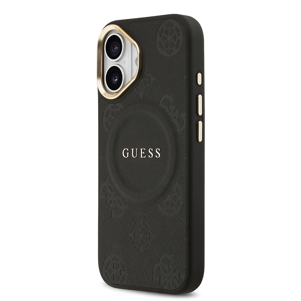 Apple iPhone 17 Kılıf Guess M-safe Özellikli Yazı Logolu PU Deri Peony Kapak Siyah