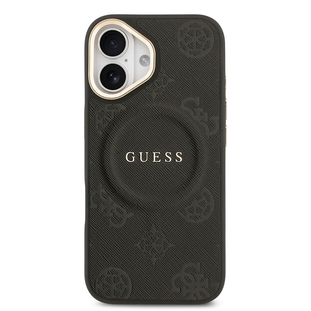 Apple iPhone 17 Kılıf Guess M-safe Özellikli Yazı Logolu PU Deri Peony Kapak Siyah