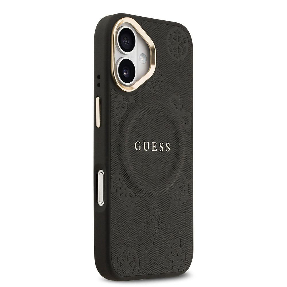 Apple iPhone 17 Kılıf Guess M-safe Özellikli Yazı Logolu PU Deri Peony Kapak Siyah