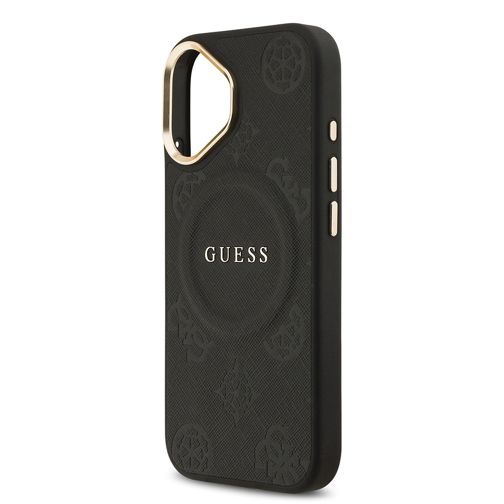 Apple iPhone 17 Kılıf Guess M-safe Özellikli Yazı Logolu PU Deri Peony Kapak Siyah