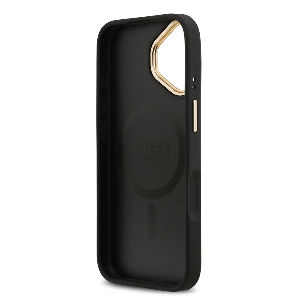 Apple iPhone 17 Kılıf Guess M-safe Özellikli Yazı Logolu PU Deri Peony Kapak Siyah