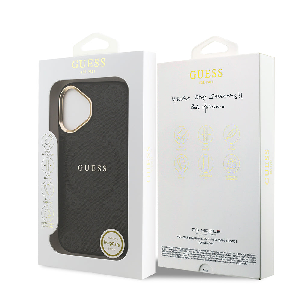 Apple iPhone 17 Kılıf Guess M-safe Özellikli Yazı Logolu PU Deri Peony Kapak Siyah