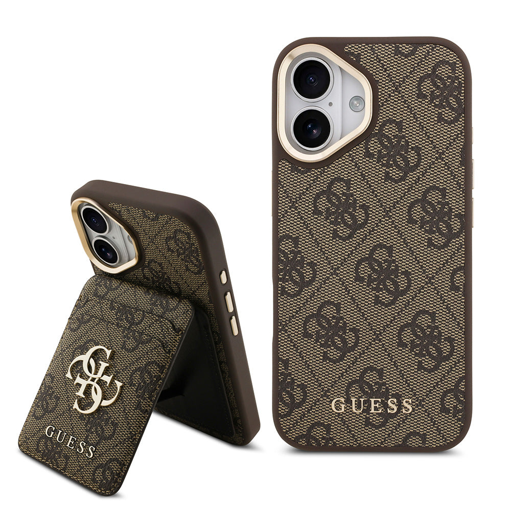 Apple iPhone 17 Kılıf Guess M-safe Şarj Özellikli 2in1 4G Metal Büyük Logolu Kartlıklı Kapak Kahverengi
