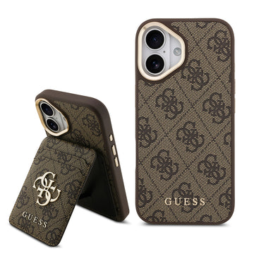 Apple iPhone 17 Kılıf Guess M-safe Şarj Özellikli 2in1 4G Metal Büyük Logolu Kartlıklı Kapak Kahverengi