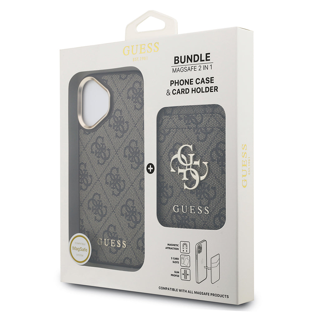 Apple iPhone 17 Kılıf Guess M-safe Şarj Özellikli 2in1 4G Metal Büyük Logolu Kartlıklı Kapak Kahverengi