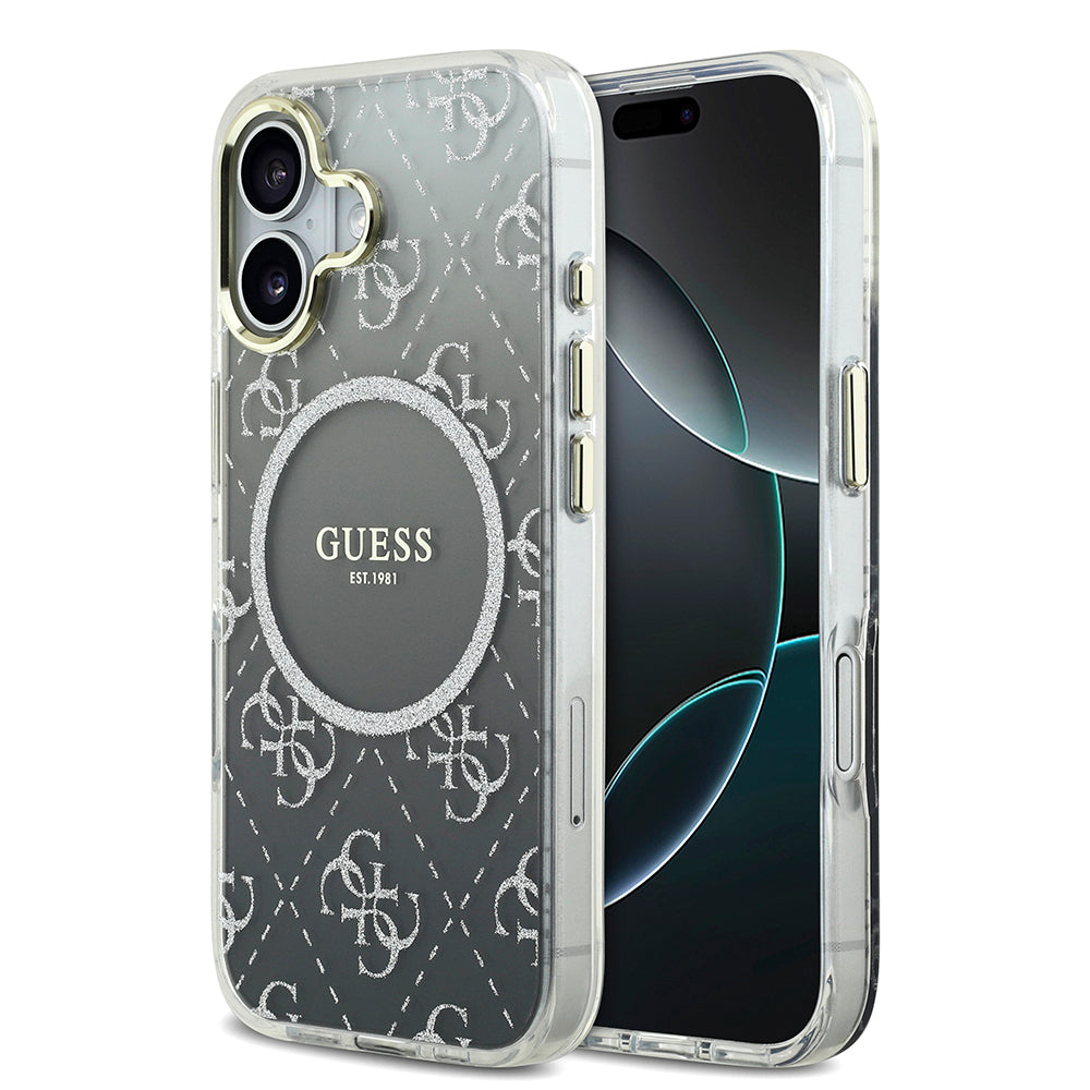 Apple iPhone 17 Kılıf Guess M-safe Şarj Özellikli 4G Desenli Simli Transparan Kapak Gri