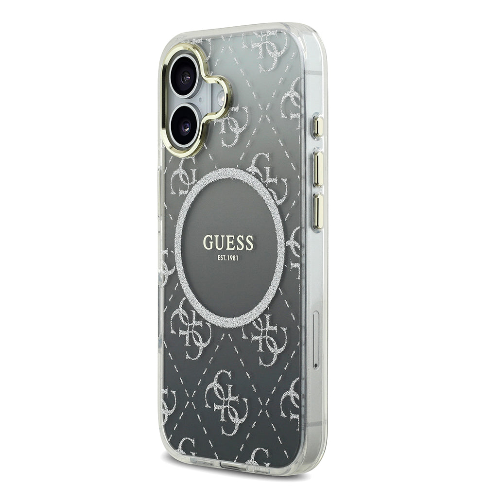 Apple iPhone 17 Kılıf Guess M-safe Şarj Özellikli 4G Desenli Simli Transparan Kapak Gri