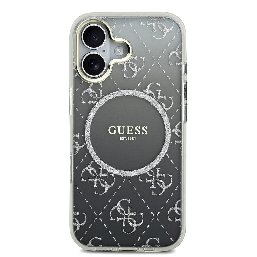 Apple iPhone 17 Kılıf Guess M-safe Şarj Özellikli 4G Desenli Simli Transparan Kapak Gri