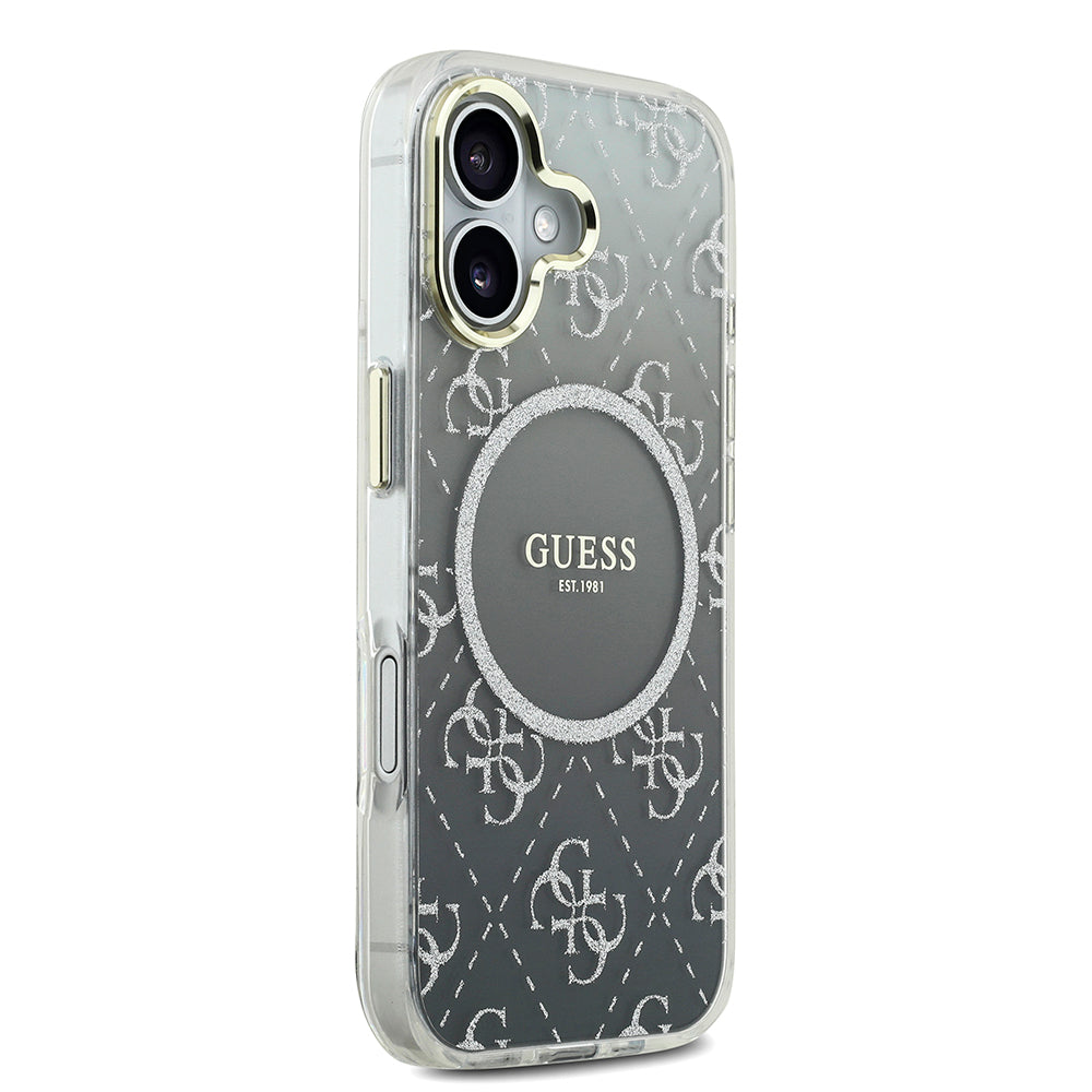 Apple iPhone 17 Kılıf Guess M-safe Şarj Özellikli 4G Desenli Simli Transparan Kapak Gri