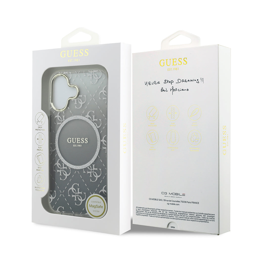 Apple iPhone 17 Kılıf Guess M-safe Şarj Özellikli 4G Desenli Simli Transparan Kapak Gri