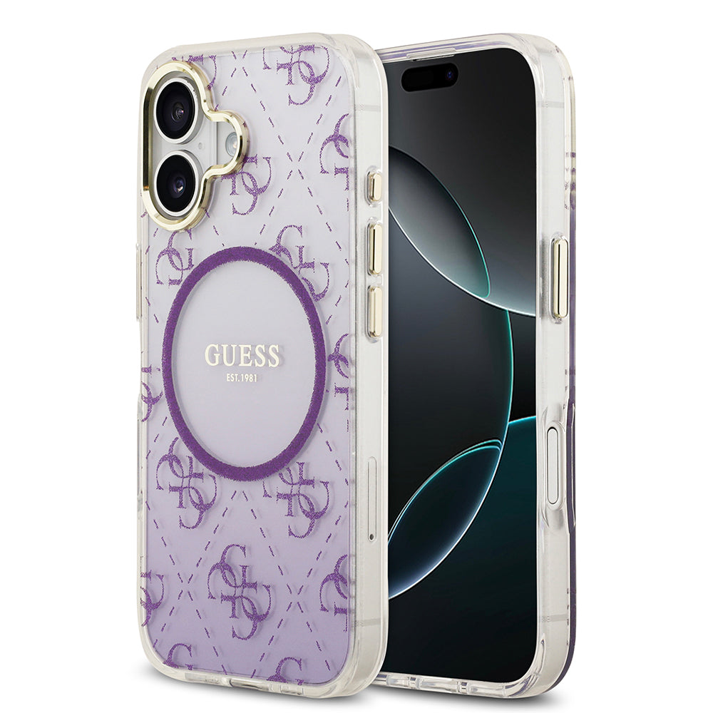 Apple iPhone 17 Kılıf Guess M-safe Şarj Özellikli 4G Desenli Simli Transparan Kapak Mor