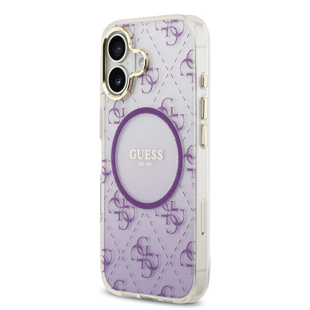 Apple iPhone 17 Kılıf Guess M-safe Şarj Özellikli 4G Desenli Simli Transparan Kapak Mor