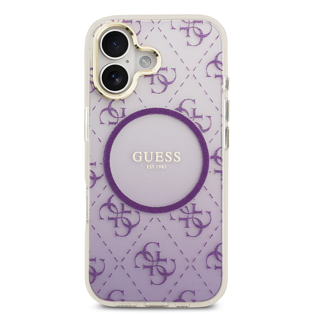 Apple iPhone 17 Kılıf Guess M-safe Şarj Özellikli 4G Desenli Simli Transparan Kapak Mor