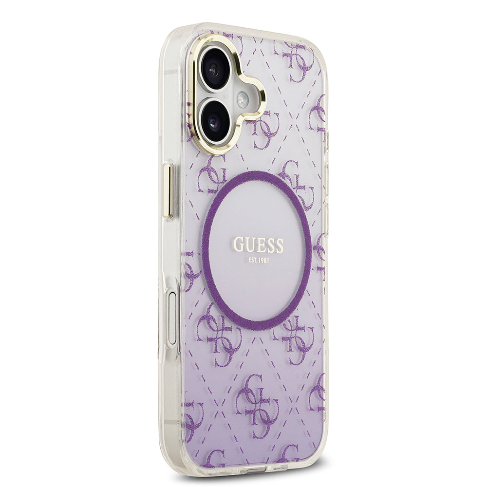 Apple iPhone 17 Kılıf Guess M-safe Şarj Özellikli 4G Desenli Simli Transparan Kapak Mor