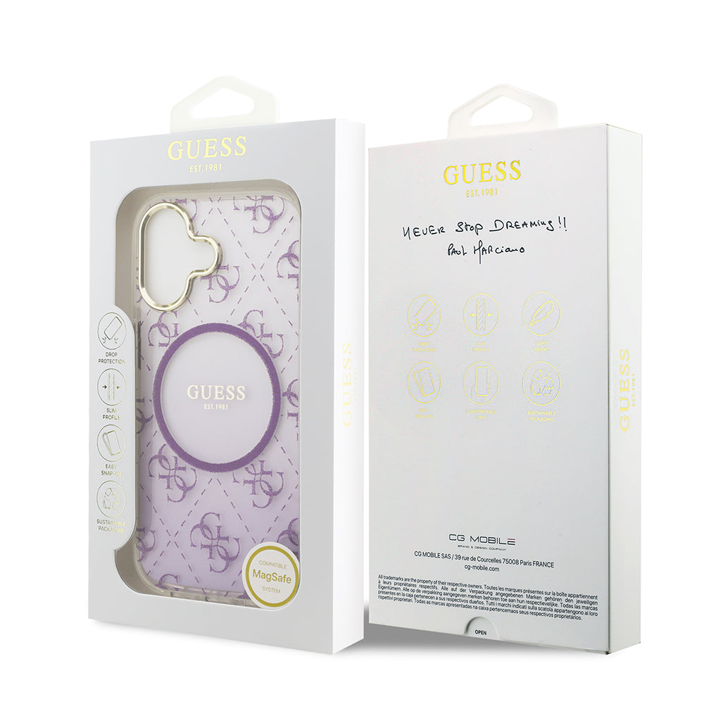 Apple iPhone 17 Kılıf Guess M-safe Şarj Özellikli 4G Desenli Simli Transparan Kapak Mor