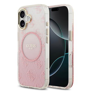 Apple iPhone 17 Kılıf Guess M-safe Şarj Özellikli 4G Desenli Simli Transparan Kapak Pembe