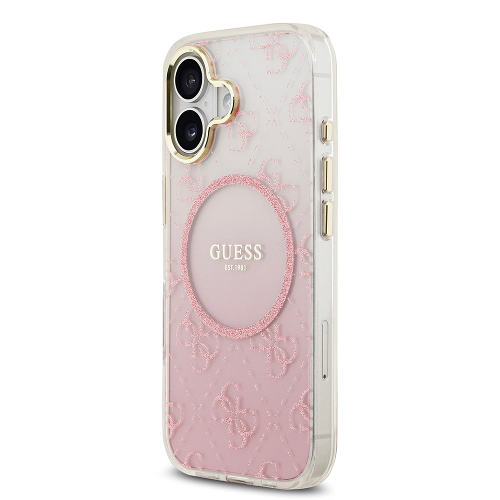 Apple iPhone 17 Kılıf Guess M-safe Şarj Özellikli 4G Desenli Simli Transparan Kapak Pembe