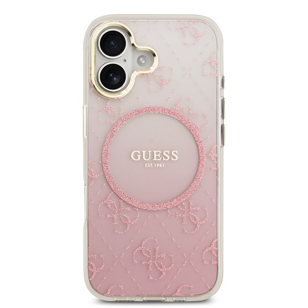 Apple iPhone 17 Kılıf Guess M-safe Şarj Özellikli 4G Desenli Simli Transparan Kapak Pembe