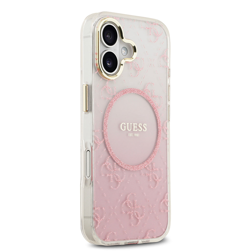 Apple iPhone 17 Kılıf Guess M-safe Şarj Özellikli 4G Desenli Simli Transparan Kapak Pembe