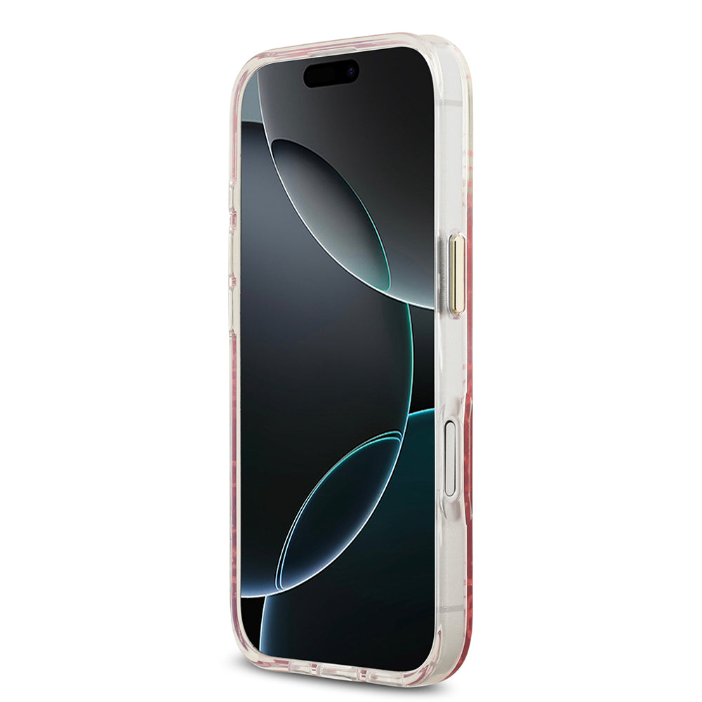 Apple iPhone 17 Kılıf Guess M-safe Şarj Özellikli 4G Desenli Simli Transparan Kapak Pembe