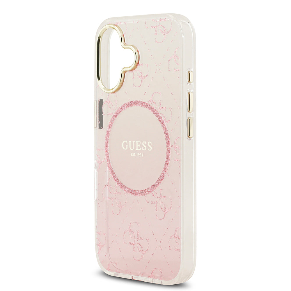 Apple iPhone 17 Kılıf Guess M-safe Şarj Özellikli 4G Desenli Simli Transparan Kapak Pembe
