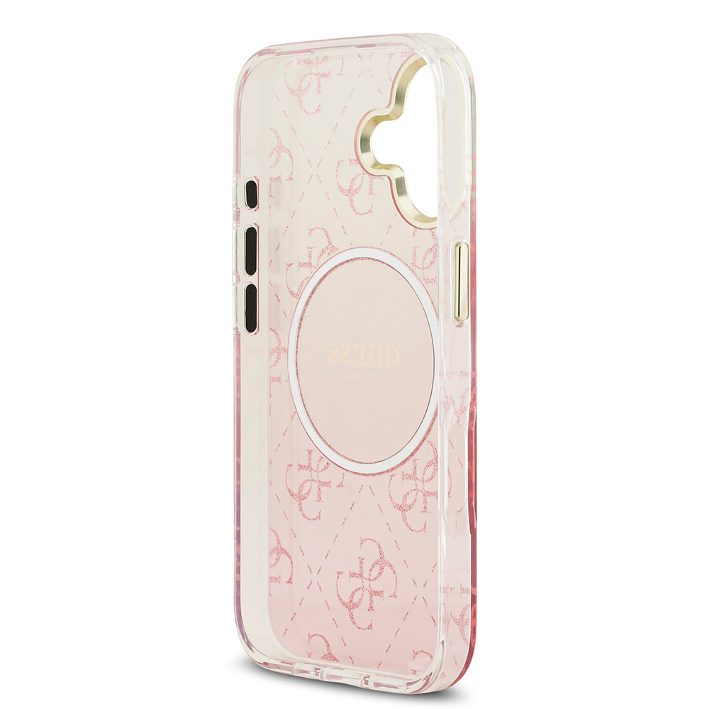 Apple iPhone 17 Kılıf Guess M-safe Şarj Özellikli 4G Desenli Simli Transparan Kapak Pembe