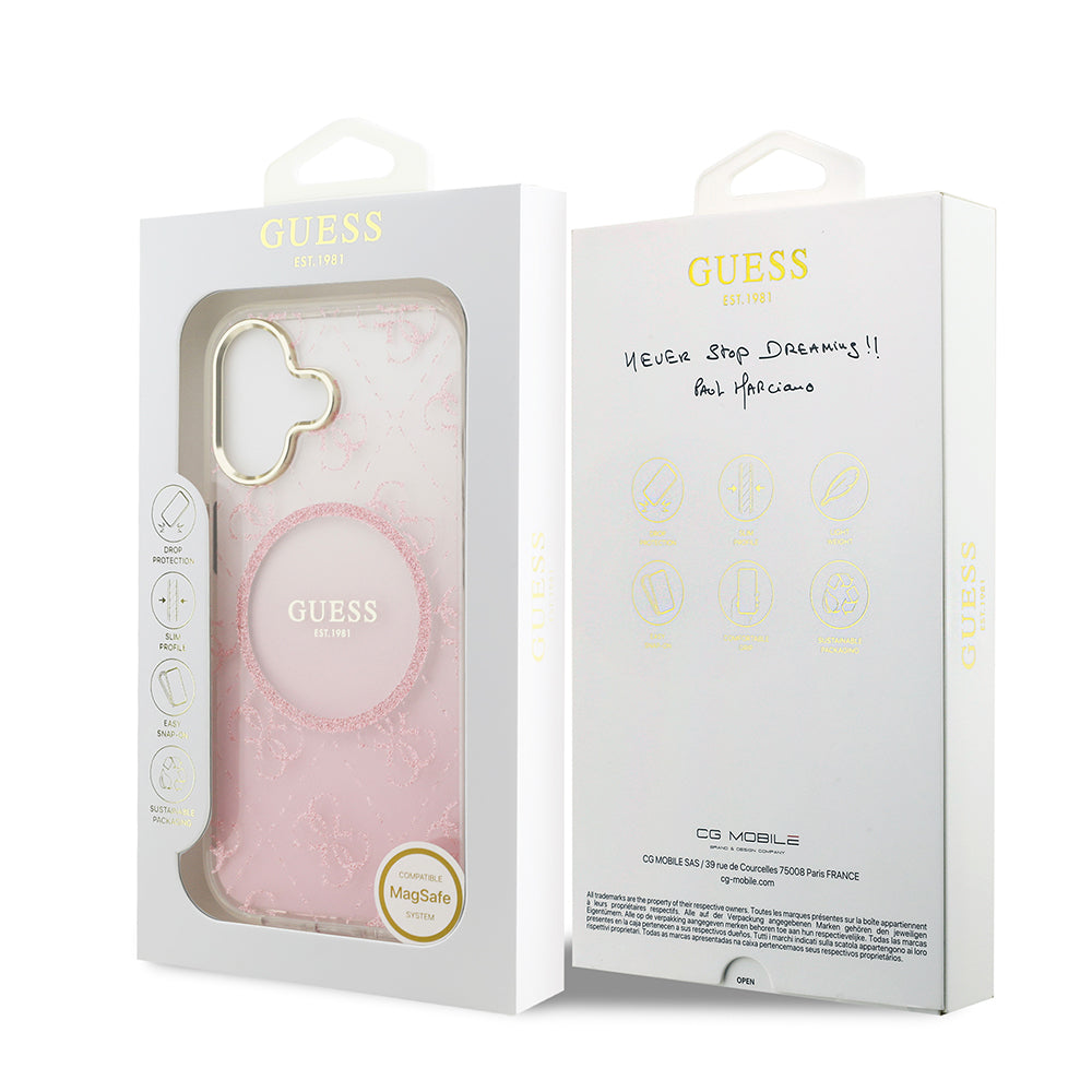 Apple iPhone 17 Kılıf Guess M-safe Şarj Özellikli 4G Desenli Simli Transparan Kapak Pembe