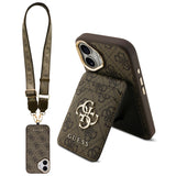 Apple iPhone 17 Kılıf Guess M-safe Şarj Özellikli Askılı ve Kartlıklı 4G Logo Kapak Kahverengi