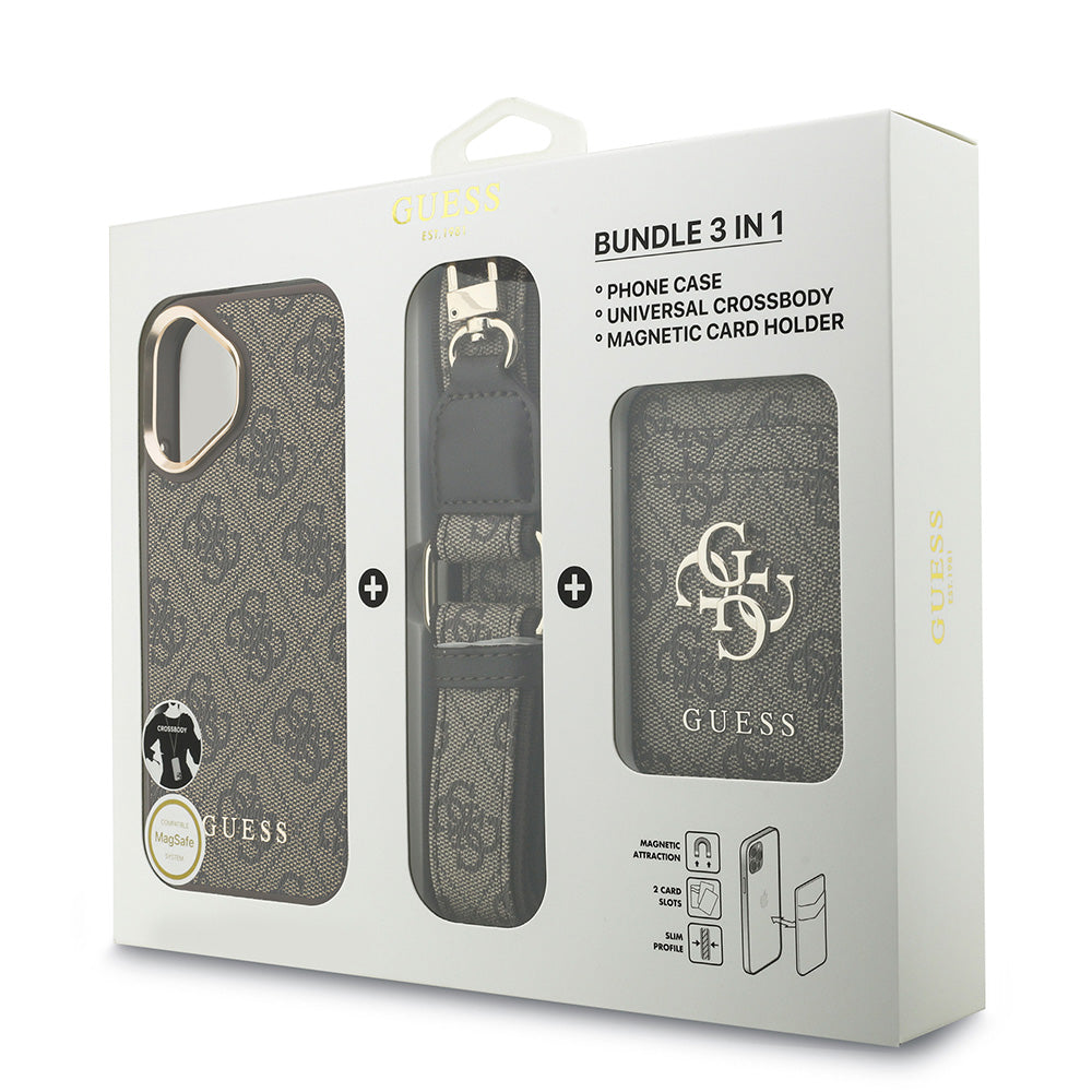 Apple iPhone 17 Kılıf Guess M-safe Şarj Özellikli Askılı ve Kartlıklı 4G Logo Kapak Kahverengi